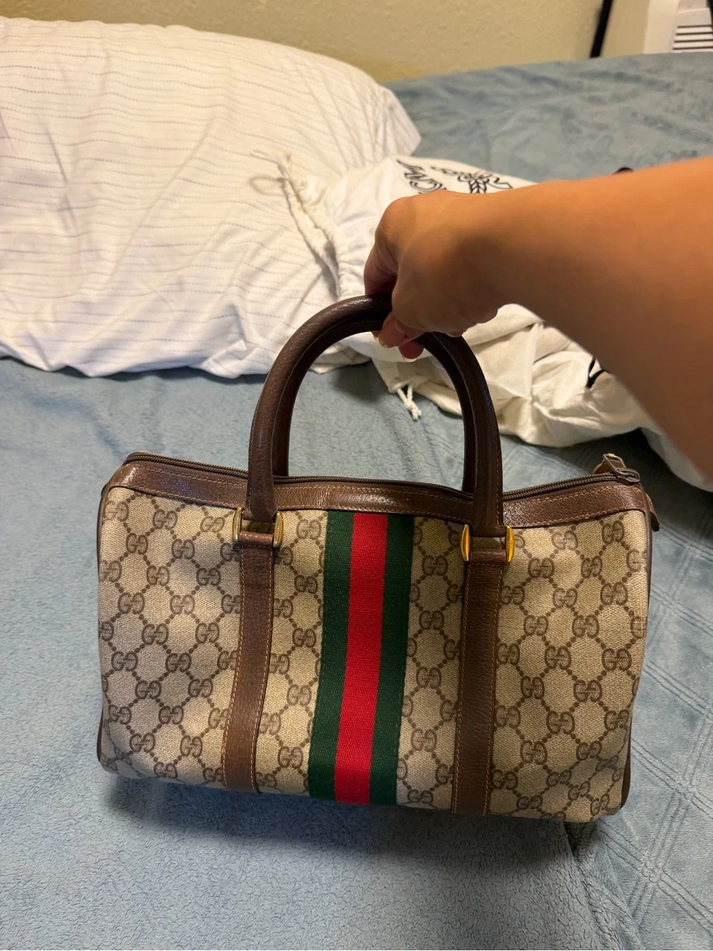 Gucci Beige GG Canvas Satchel with Green-Red Web Stripe and Brown Leather